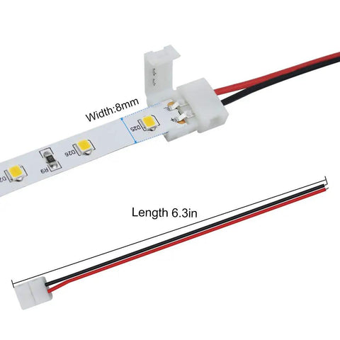 10 Pack 2 Pin Solderless LED Strip Connectors For 8mm Wide 3528 2835 Single Color Flex Strips, connector and wire length details shown