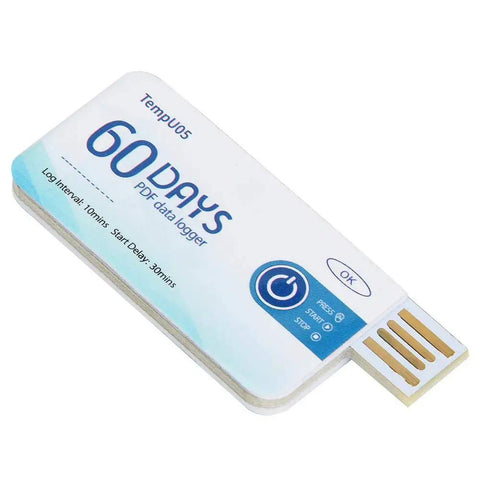 Disposable Single Use Temperature Data Logger With Usb Cable Offers Dead Reliable Cold Chain Tracking And Smooth Pdf Downloads For Food Drug Chemical Shipping Without Any Mess Or Hassle, showing compact USB data logger design.