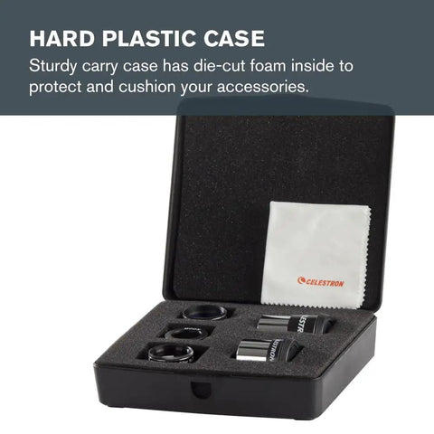 Open hard plastic case showing PowerSeeker Telescope Accessory Kit With Two One And A Quarter Inch Kellner Eyepieces, filters, and cloth