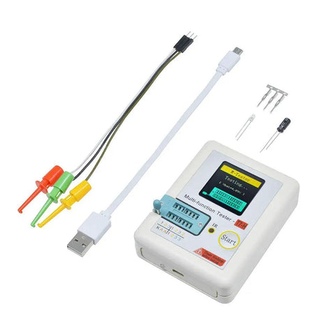 Upgraded LCR Meter Transistor Tester T7 TC T7 H with Graphical LCD, probe cables, and components for testing.