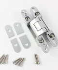 Adjustable Hidden Door Hinge 140Mm Silver 2 Piece Set Heavy Duty Concealed Cabinet Hardware including brackets and screws.