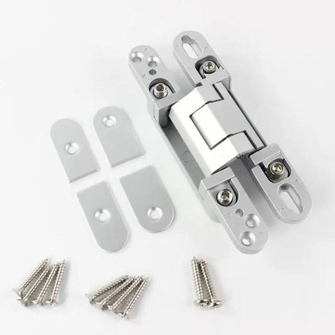 Adjustable Hidden Door Hinge 140Mm Silver 2 Piece Set Heavy Duty Concealed Cabinet Hardware including brackets and screws.