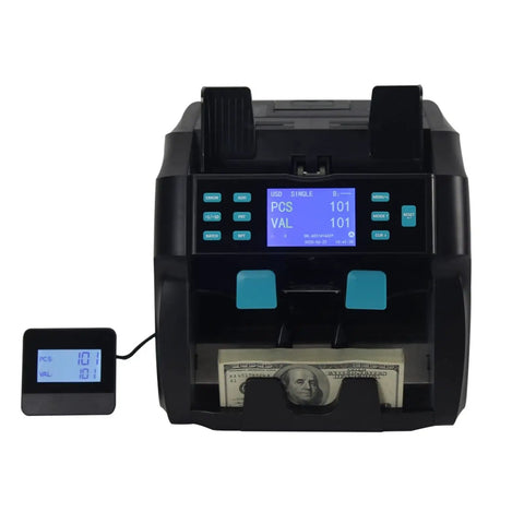 Heavy Duty Paper Money Scanner Featuring Legit Fake Currency Detection And Effortless Two Pocket Sorting For Hustling Shop Owners Running Their Daily Grind Right Now, front view with display and cash.
