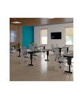 No Fuss Adjustable Flip Top Standing Desk Built Tough For Quick Workspace Swaps Locking Casters in a modern office setting.