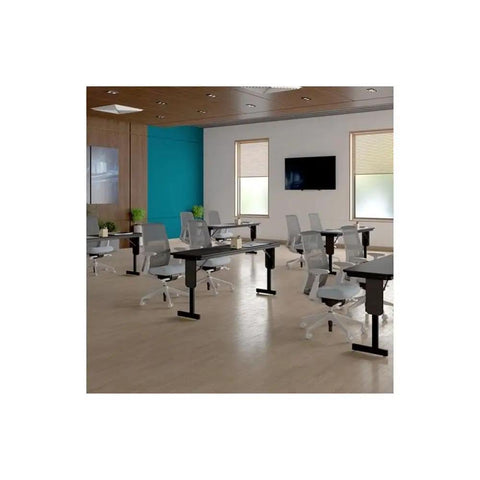 No Fuss Adjustable Flip Top Standing Desk Built Tough For Quick Workspace Swaps Locking Casters in a modern office setting.