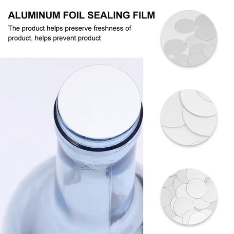 Premium Aluminum Foil Seal Gaskets for Plastic Bottles, silver round seals, snug fit for leak-proof storage.