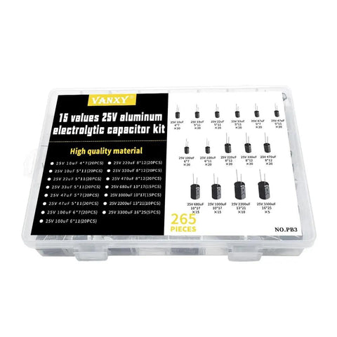 Massive 265 Piece 25V Aluminum Electrolytic Capacitor Kit With 15 Values From 10uF To 3300uF For Electronics Projects