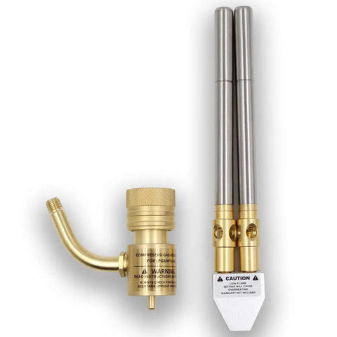 Double Head Gas Torch for MAPP Tank with two stainless steel heads, dual flame burner, 360 degree swivel and flexible flame direction.
