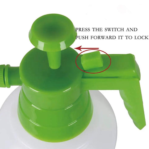 Top view of 68oz Portable Garden Pump Sprayer For Yard And Lawn Care, Adjustable Brass Nozzle, showing switch and lock mechanism.