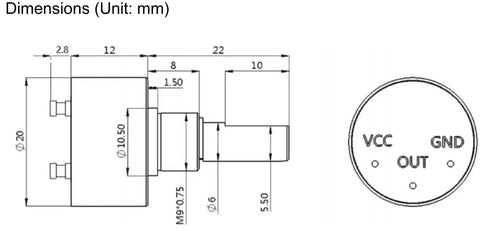 Technical diagram of Ultra Compact 20mm Contactless Digitized Potentiometer Hall Angle Encoder Sensor, showing dimensions.