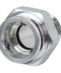 Close-up of GM Engine Oil Cooler Hose Connector 12614837 OEM quality, metal construction, designed for Chevy Buick GMC cooling system installation.