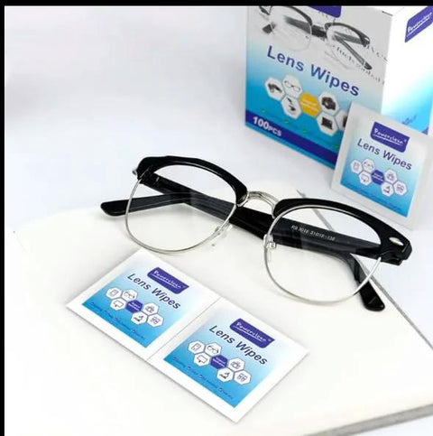 Anti-Fog Wipes for Glasses, 100-pack, pre-moistened lens wipes shown with eyeglasses and packaging.