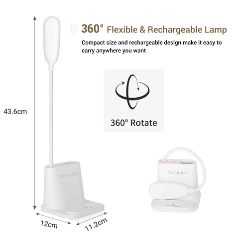 Must Have LED Desk Lamp With USB Charging Port, Pen Holder And Phone Holder, shown in 360° flexibility view.