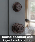 Cove Entry Knob And Single Cylinder Deadbolt Combo Pack In Venetian Bronze on door, showing keyed knob and deadbolt.