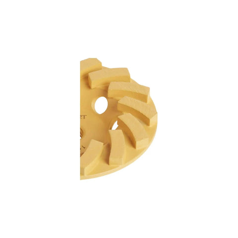 Close-up of yellow 4 Inch XP Turbo Diamond Cup Wheel For Multi Material Cutting And Grinding with visible grooves and holes