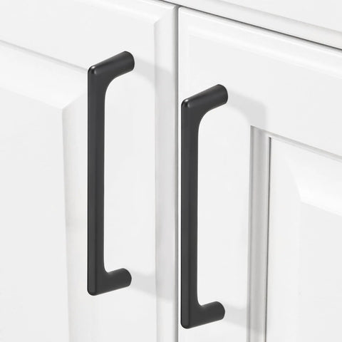 Ten Pack 5 Inch Matte Black Cabinet Pulls For Kitchen Cabinets, Drawers, Closets, And Dressers Durable Solid Hardware shown installed