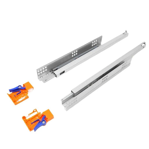 Heavy Duty Telescopic Undermount Drawer Slides With Soft Close, Concealed Hidden Drawer Rails shown with orange clip components