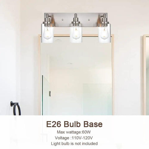 Dope Brushed Nickel Bathroom Light Fixture With Clear Glass Shade above mirror, E26 bulb base, industrial style bath light
