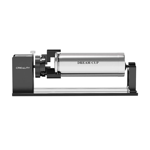 Creality Falcon rotary roller on black base; silver cylinder with Dream Cup engraving.
