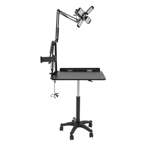 Smooth Rolling Adjustable Height Tattoo Workstation With Bright Led Panel And Smart Storage Rack For Your Professional Mobile Art Studio Daily Grind And Heavy Duty Gear, black cart with LED light and tablet dock.