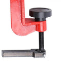Close-up of Bead Roller Machine With 7 Inch Throat And Six Die Sets in red for sheet metal fabrication and auto body work.