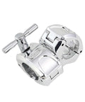 Top Shelf 1.5 Inch Chrome Drum Rack T Leg Clamp With Pro Quick Release Wingnut 90 Degree Inline T Connector close-up view.