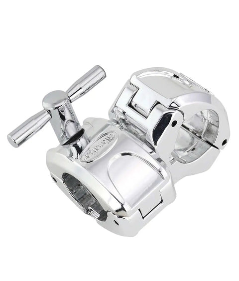 Top Shelf 1.5 Inch Chrome Drum Rack T Leg Clamp With Pro Quick Release Wingnut 90 Degree Inline T Connector close-up view.