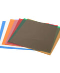 Front view: polyester shim stock sheets, 5x5 in, thickness 0.0005-0.005 in, 7-sheet color assortment