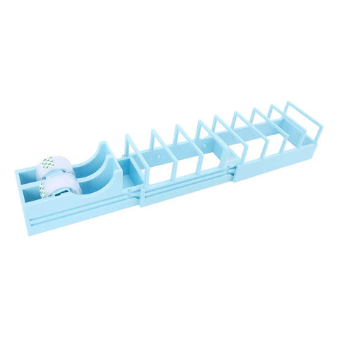 On The Go Foldable Tape Dispenser Set Includes 2 Plastic Portable Tape Holders, blue, unfolded with roll loaded.