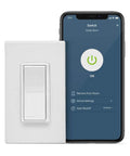 Decora Smart Wi-Fi Light Switch No Hub Required 2nd Gen 15A alongside smartphone showing app control interface.