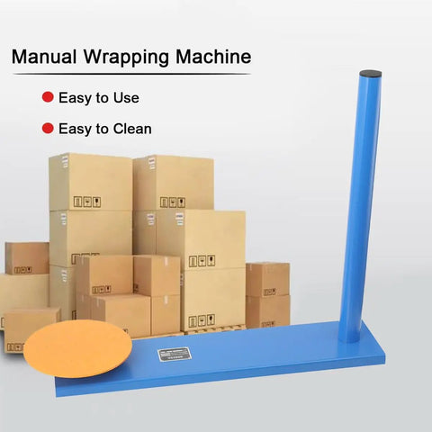 Manual Stretch Wrap Dispenser Handheld Pallet Wrapper with orange tray on blue base, ideal for easy packing in warehouses.