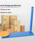 Manual Stretch Film Wrapping Machine Handheld Pallet Dispenser With Dead Simple Setup For No Sweat Warehouse Packing And Tight Shrink Wrap Seals Every Single Day, blue base with orange round plate, surrounded by boxes.