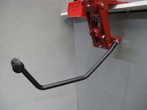 Premium Ergonomic Roller Lever Upgrade For Hornady Lock N Load AP Reloading Press showing black coated roller handle and red mechanism.