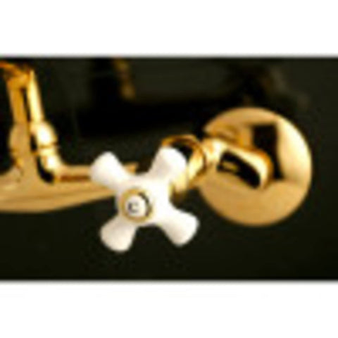 Close-up of Check Out This Super Cool Solid Brass Two Handle Wall Mount Kitchen Faucet In Trendy Brushed Brass With Drip Free Ceramic Disc Cartridge Easy Install Adjustable Centers Perfect For Traditional Homes handle detail.