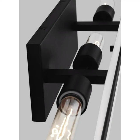 Close-up of Dex Vanity Light Fixture Three Light Bath Bar In Midnight Black Finish With Satin Etched Glass Shades mount