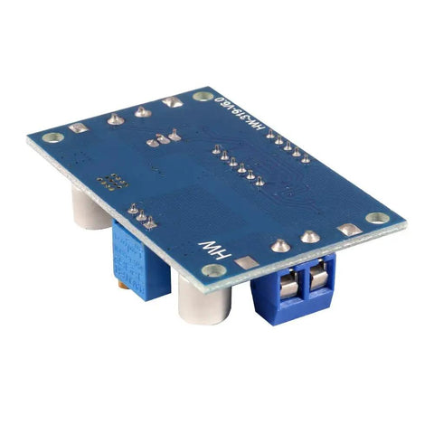 Five Pack Digital Display Buck Converter Kit With LED Voltmeter, adjustable regulator, side view, blue circuit board.