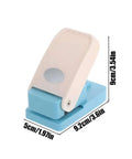 Portable Oval Tab Punch For Scrapbooking And Card Making, Compact steel hole cutter, blue and beige design with size dimensions shown.