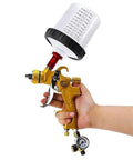 Heavy Duty Pneumatic Paint Spray Gun Set With Adjustable Pressure Regulator And Flushless Cups, hand-held design with gauge.