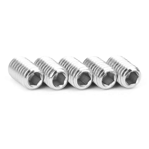 Five hex socket headless fasteners from 300 Pcs Stainless Steel Set Screws Kit With Hex Socket Headless Fasteners For Home Repair And DIY Projects Durable Corrosion Resistant Handy Storage Box Included.