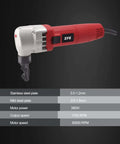 Metal Nibbler For Sheet Metal Cutting, 380W Power, red handheld tool, 1700 RPM, cuts stainless steel, aluminum, and plastic. Includes case.