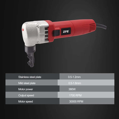 Metal Nibbler For Sheet Metal Cutting, 380W Power, red handheld tool, 1700 RPM, cuts stainless steel, aluminum, and plastic. Includes case.