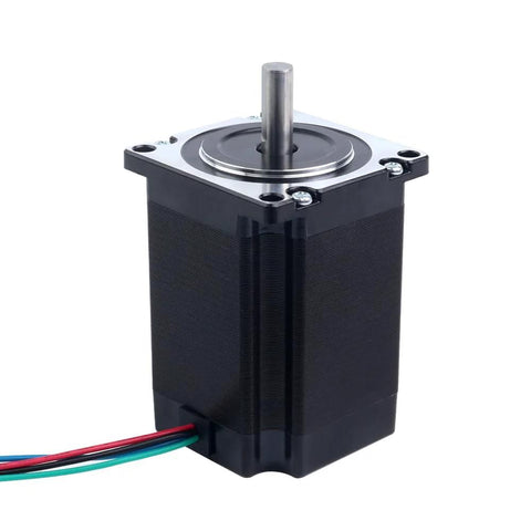Front view of NEMA 23 stepper motor with 8mm shaft, 57x57x76mm, black housing and four-wire cable