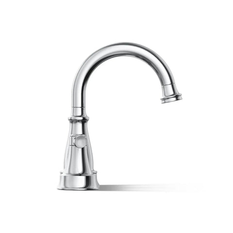 Side view of Bellera Two Handle Centerset Bathroom Sink Faucet Polished Chrome 1.0 GPM Corrosion Resistant Ceramic Disc Valves Leaks Free Hot Cold Control Spout Reach 132 Mm