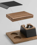 No Fuss 58mm Walnut Wood Espresso Tamper Station And Coffee Press Handle Holder Pro Barista Countertop Organizer with components visible.