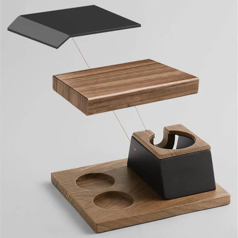 No Fuss 58mm Walnut Wood Espresso Tamper Station And Coffee Press Handle Holder Pro Barista Countertop Organizer with components visible.
