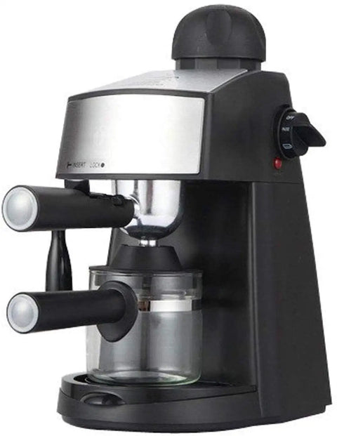 Top Shelf Espresso Coffee Machine With Quick Steam Milk Frother For Creamy Cappuccinos And Bold Lattes Compact Five Bar Brewer showing black design and glass tank.