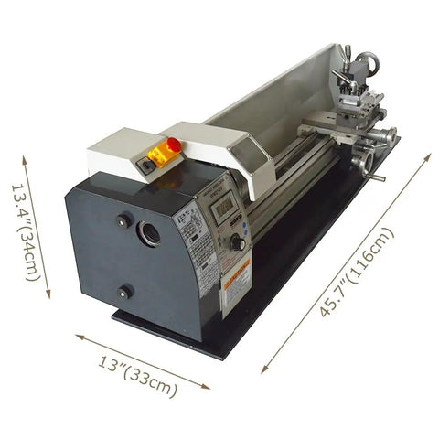 Lgxenzhuo 8 Inch Precision Metal Lathe For Benchtop Use With Brushless Motor And Adjustable Speeds Up To Twenty Two Fifty Rpm side view showing dimensions.