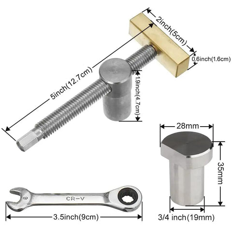 Bench Dog Clamp 3/4 Inch Dog Hole Clamp With Stainless Steel Bench Dogs for Woodworking on MFT Tables dimensions shown