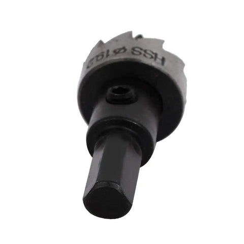 Close-up of HSS Hole Saw Kit 19.2mm Diameter With 65mm Overall Length 13mm Cutting Depth Spring Loaded For Quick Cuts