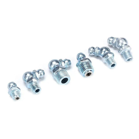 Assorted fittings in 80 Pack Hydraulic Zerk Grease Fitting Assortment Kit With One Eighth And One Quarter Inch Straight And Angle Nozzles